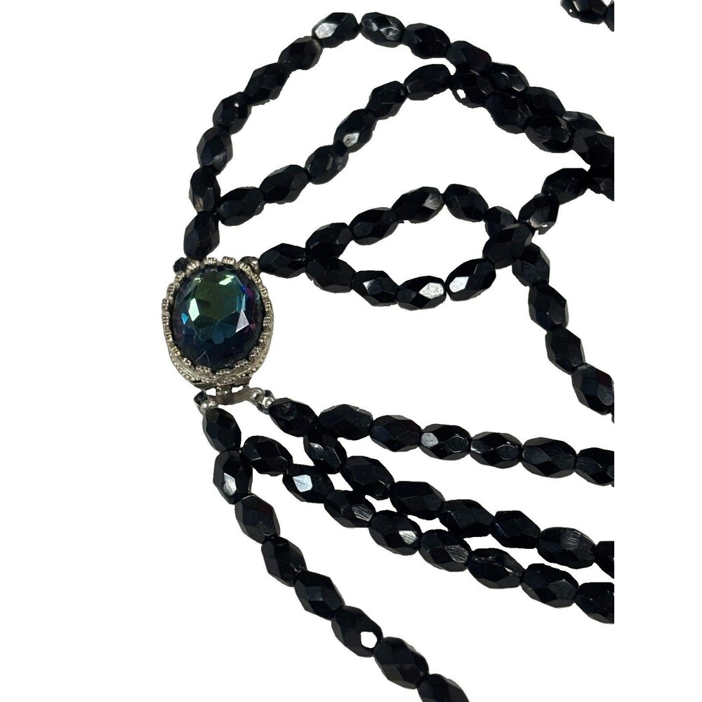 Vintage 4 Strand Black Faceted Glass Bead Necklace Peacock AB Slide Clasp 28”
